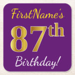 [ Thumbnail: Purple, Faux Gold 87th Birthday + Custom Name Paper Coaster ]