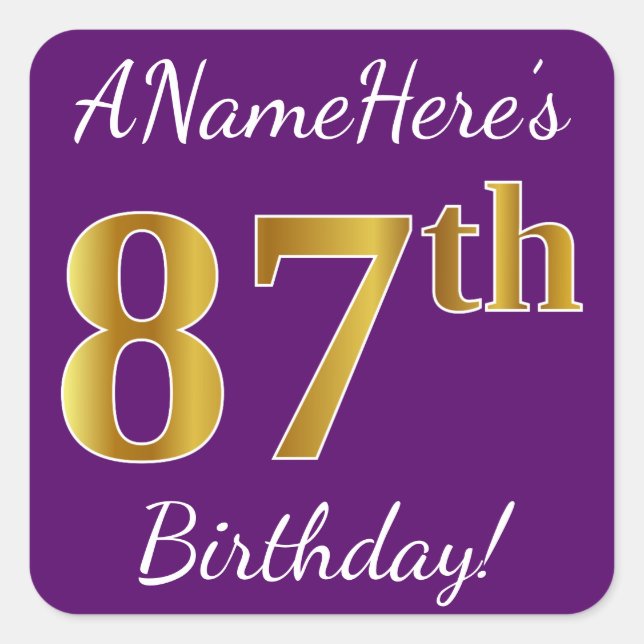 Purple, Faux Gold 87th Birthday + Custom Name Square Sticker (Front)