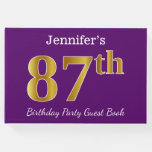 [ Thumbnail: Purple, Faux Gold 87th Birthday Party; Custom Name Guest Book ]