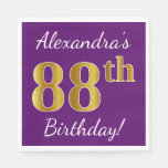 [ Thumbnail: Purple, Faux Gold 88th Birthday + Custom Name Paper Napkin ]