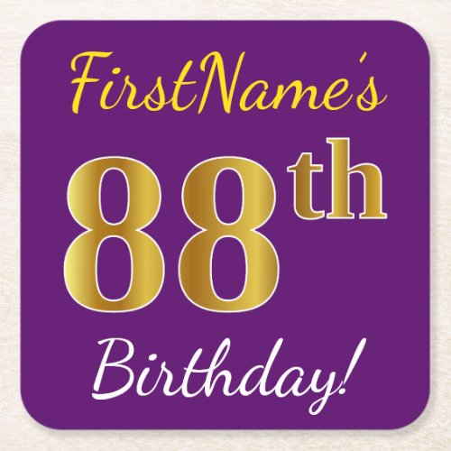Purple Faux Gold 88th Birthday  Custom Name Square Paper Coaster