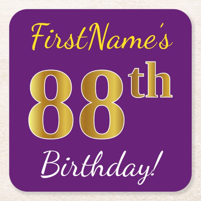 Purple, Faux Gold 88th Birthday + Custom Name Square Paper Coaster (Front)
