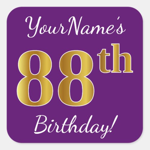 Purple Faux Gold 88th Birthday  Custom Name Square Sticker