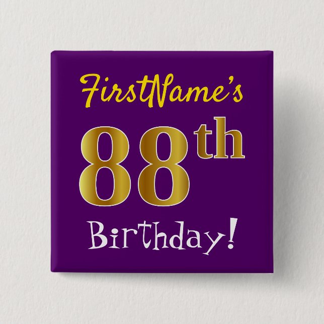 Purple, Faux Gold 88th Birthday, With Custom Name Button (Front)