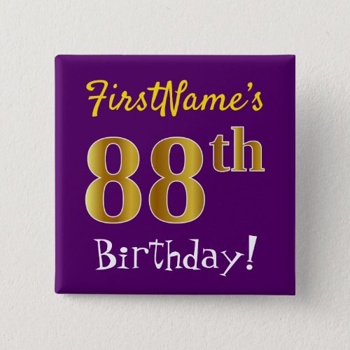 Purple Faux Gold 88th Birthday With Custom Name Button