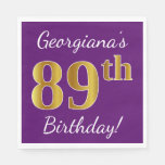 [ Thumbnail: Purple, Faux Gold 89th Birthday + Custom Name Napkins ]