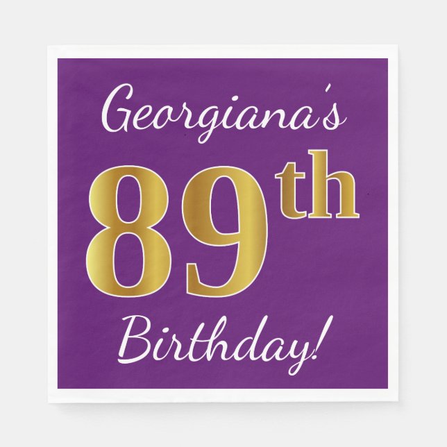 Purple, Faux Gold 89th Birthday + Custom Name Paper Napkins (Front)
