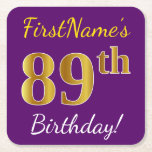 [ Thumbnail: Purple, Faux Gold 89th Birthday + Custom Name Paper Coaster ]