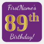 [ Thumbnail: Purple, Faux Gold 89th Birthday + Custom Name Sticker ]