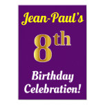 [ Thumbnail: Purple, Faux Gold 8th Birthday Celebration + Name Invitation ]