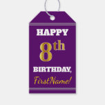 [ Thumbnail: Purple, Faux Gold 8th Birthday + Custom Name Gift Tags ]