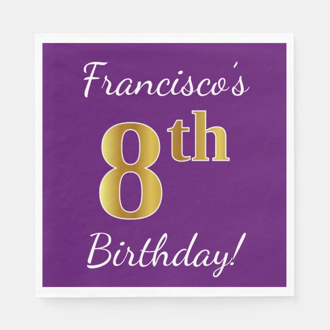 Purple, Faux Gold 8th Birthday + Custom Name Napkins (Front)