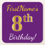 [ Thumbnail: Purple, Faux Gold 8th Birthday + Custom Name Paper Coaster ]