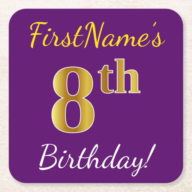 Purple, Faux Gold 8th Birthday + Custom Name Square Paper Coaster (Front)