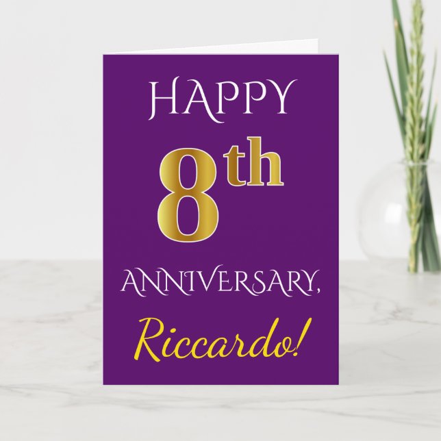 Purple, Faux Gold 8th Wedding Anniversary + Name Card (Front)
