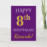 [ Thumbnail: Purple, Faux Gold 8th Wedding Anniversary + Name Card ]