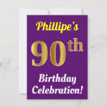 [ Thumbnail: Purple, Faux Gold 90th Birthday Celebration + Name Invitation ]
