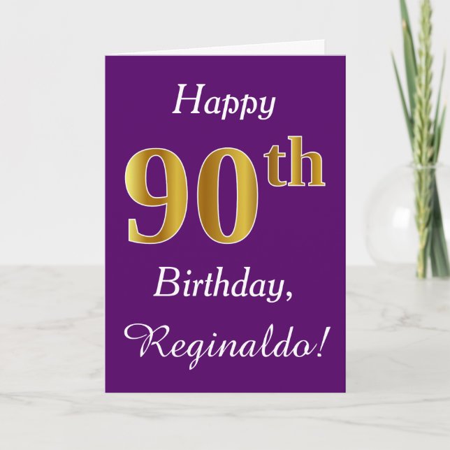 Purple, Faux Gold 90th Birthday + Custom Name Card (Front)