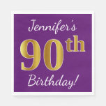 [ Thumbnail: Purple, Faux Gold 90th Birthday + Custom Name Napkins ]