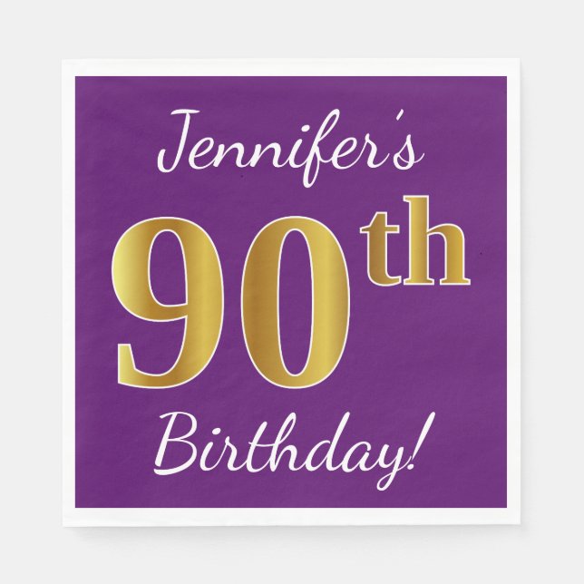 Purple, Faux Gold 90th Birthday + Custom Name Paper Napkins (Front)