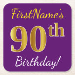[ Thumbnail: Purple, Faux Gold 90th Birthday + Custom Name Paper Coaster ]