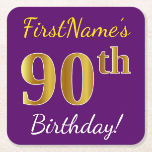 Purple, Faux Gold 90th Birthday + Custom Name Square Paper Coaster