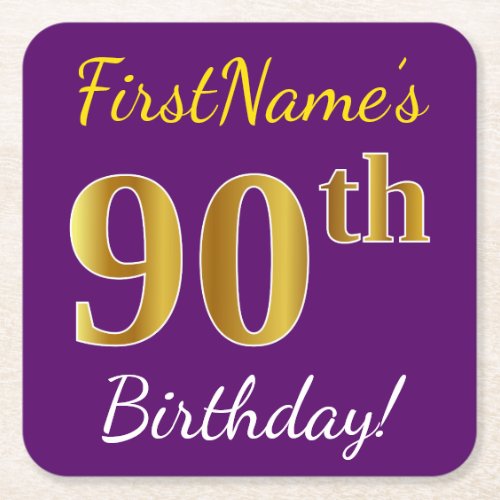 Purple Faux Gold 90th Birthday  Custom Name Square Paper Coaster