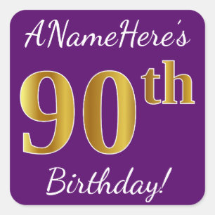 Purple, Faux Gold 90th Birthday + Custom Name Square Sticker