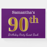 [ Thumbnail: Purple, Faux Gold 90th Birthday Party; Custom Name Guest Book ]