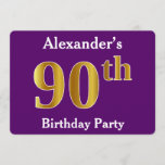[ Thumbnail: Purple, Faux Gold 90th Birthday Party; Custom Name Invitation ]