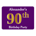 [ Thumbnail: Purple, Faux Gold 90th Birthday Party; Custom Name Invitation ]