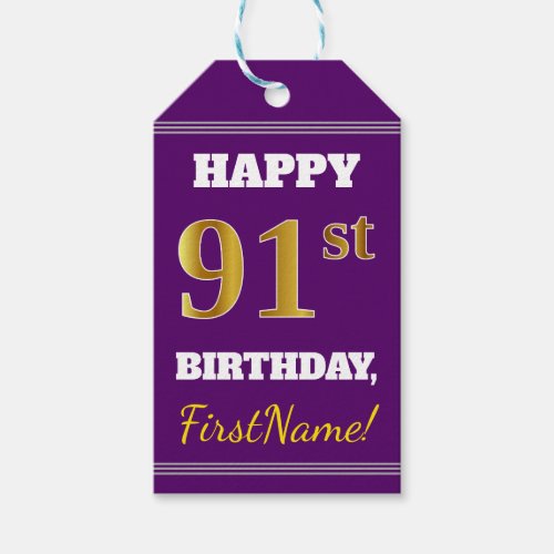 Purple Faux Gold 91st Birthday  Custom Name Gift Tags