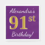 [ Thumbnail: Purple, Faux Gold 91st Birthday + Custom Name Napkin ]