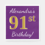 [ Thumbnail: Purple, Faux Gold 91st Birthday + Custom Name Napkins ]