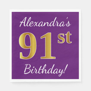 Purple, Faux Gold 91st Birthday + Custom Name Napkins