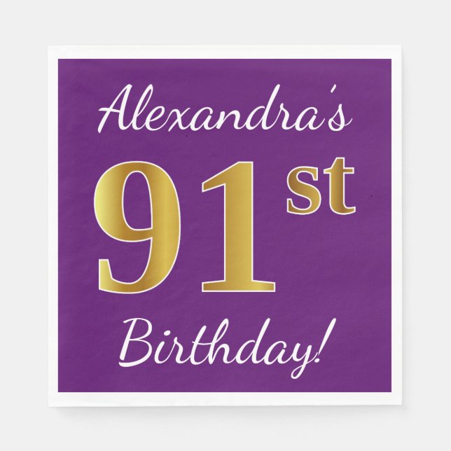 Purple, Faux Gold 91st Birthday + Custom Name Napkins (Front)
