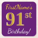 [ Thumbnail: Purple, Faux Gold 91st Birthday + Custom Name Paper Coaster ]