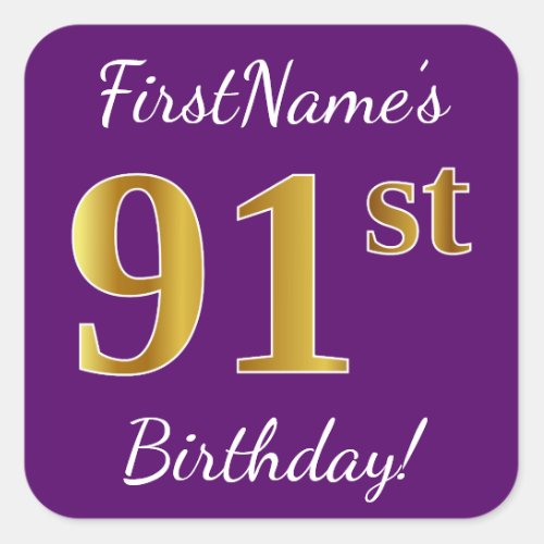 Purple Faux Gold 91st Birthday  Custom Name Square Sticker