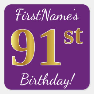 Purple, Faux Gold 91st Birthday + Custom Name Square Sticker