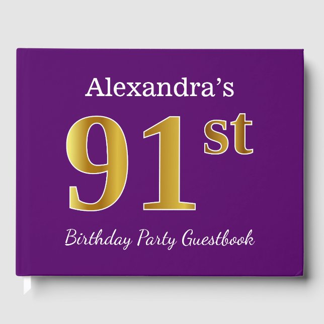 Purple, Faux Gold 91st Birthday Party; Custom Name Guest Book (Front)