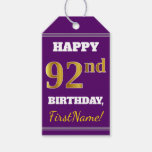 [ Thumbnail: Purple, Faux Gold 92nd Birthday + Custom Name Gift Tags ]