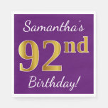 [ Thumbnail: Purple, Faux Gold 92nd Birthday + Custom Name Napkins ]
