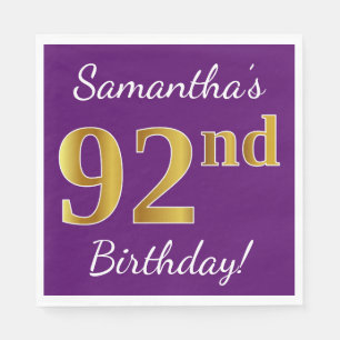 Purple, Faux Gold 92nd Birthday + Custom Name Paper Napkins