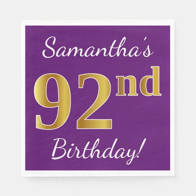 Purple, Faux Gold 92nd Birthday + Custom Name Paper Napkins (Front)