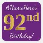 [ Thumbnail: Purple, Faux Gold 92nd Birthday + Custom Name Sticker ]