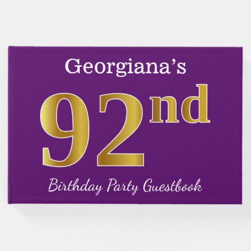 Purple Faux Gold 92nd Birthday Party Custom Name Guest Book