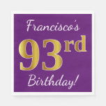 [ Thumbnail: Purple, Faux Gold 93rd Birthday + Custom Name Napkins ]