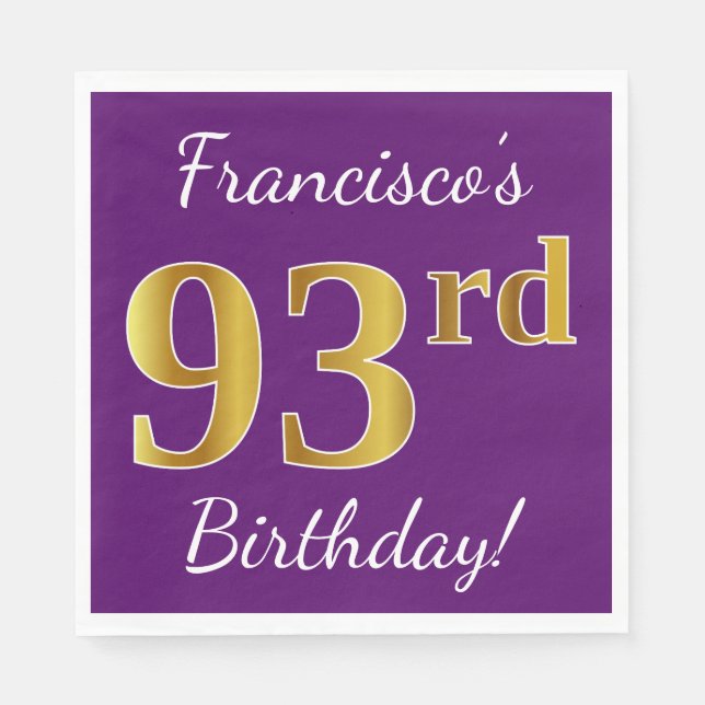 Purple, Faux Gold 93rd Birthday + Custom Name Paper Napkins (Front)