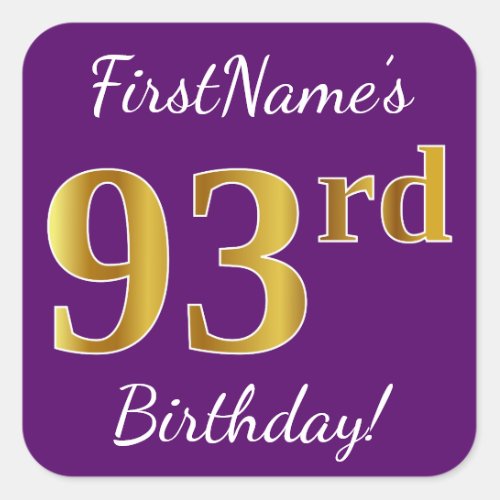 Purple Faux Gold 93rd Birthday  Custom Name Square Sticker