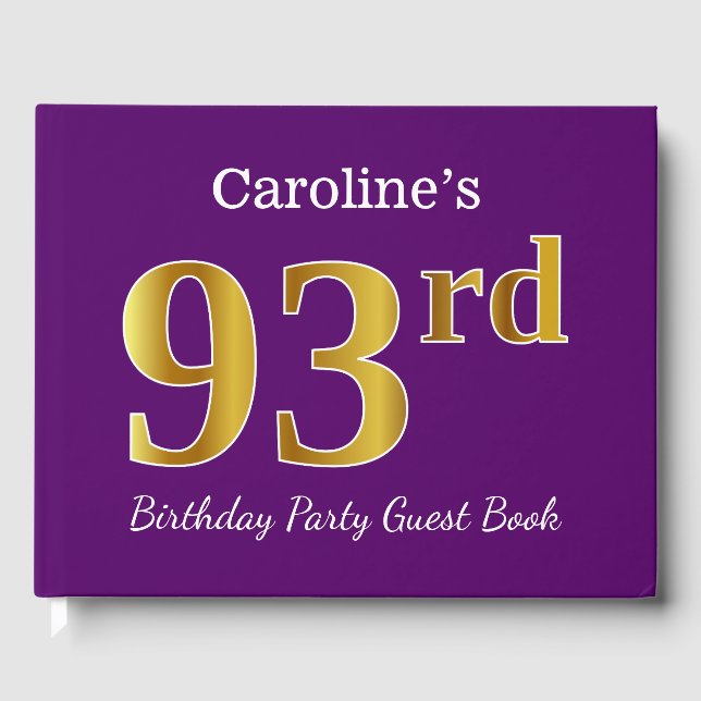 Purple, Faux Gold 93rd Birthday Party; Custom Name Guest Book (Front)